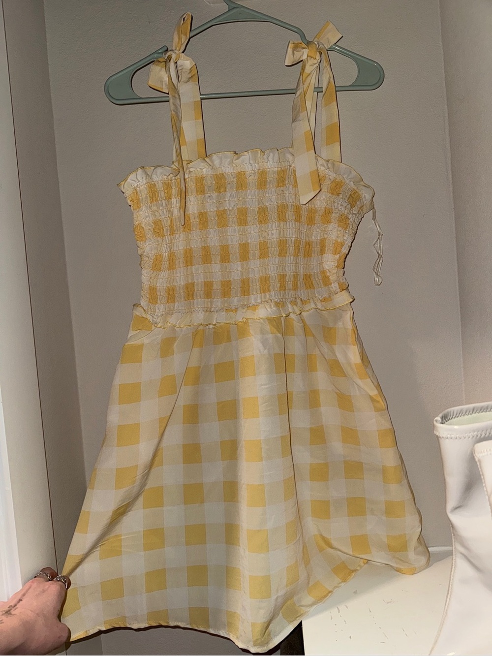 Yellow Gingham Tie-Shoulder Kids Dress